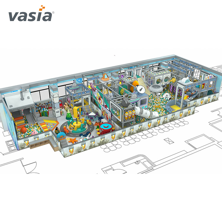 Área de juegos interior con tema espacial y área suave