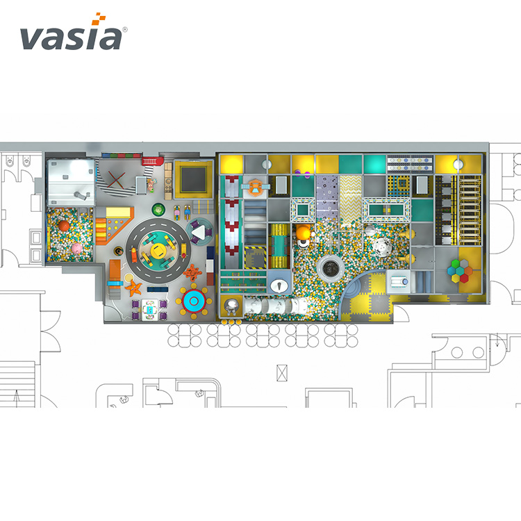 Área de juegos interior con tema espacial y área suave